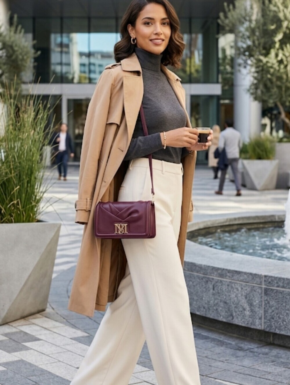 NWT Badgley Mischka Plum Pleated Crossbody Bag Clutch BM Logo Lux Vegan Leather